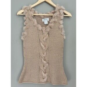 Jenni Max NYC Women’s Sleeveless Beige Knit Fur Sweater Size Medium